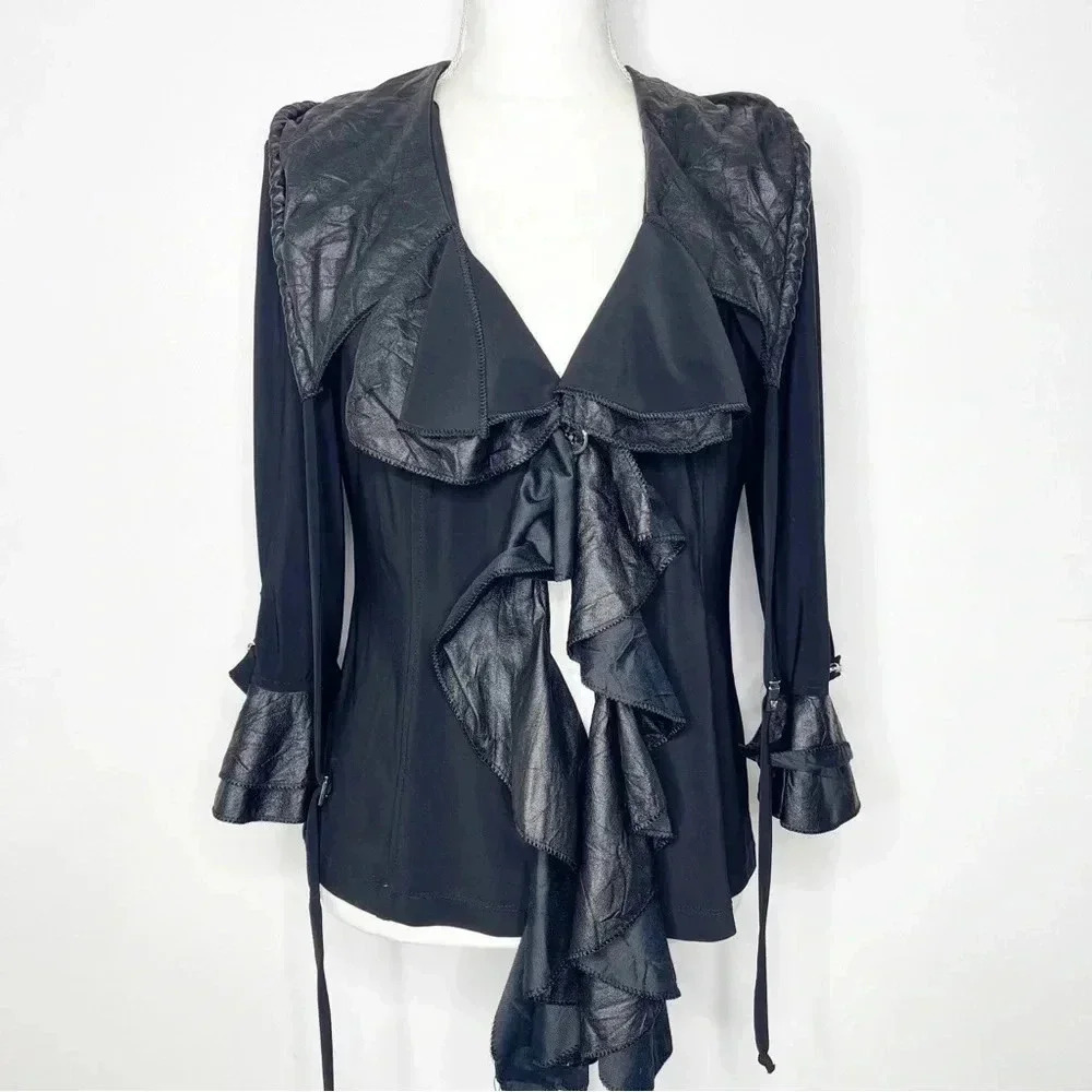 Frank Lyman Designs Black Ruffle Open Cardigan Shirt Size 6 - Picture 2 of 8